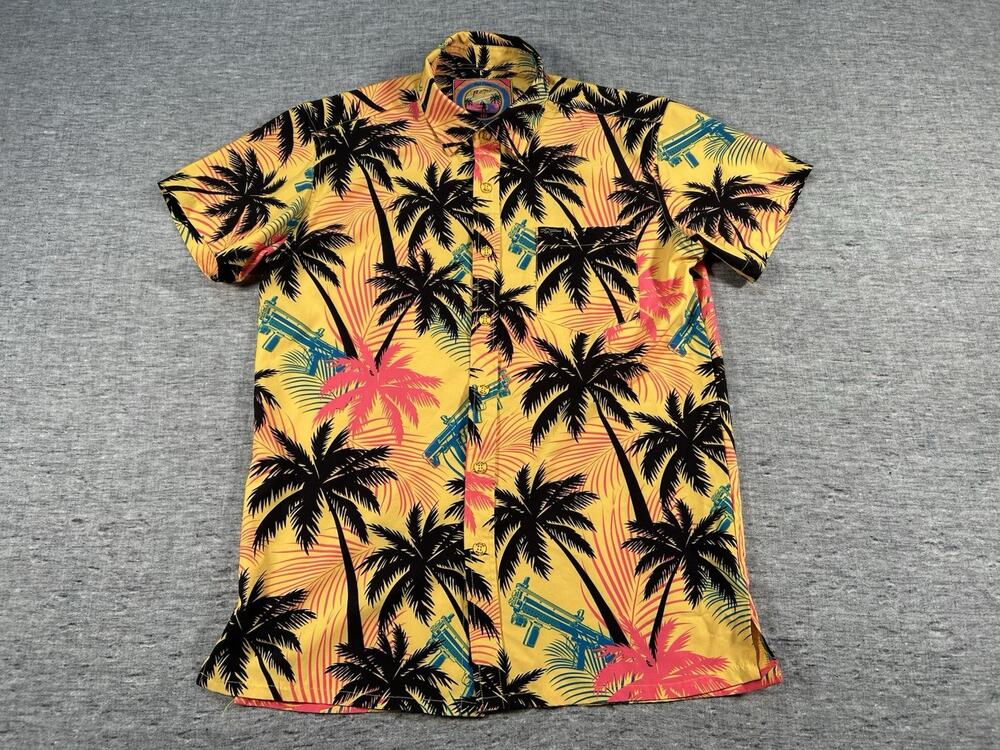 Retro Rifle High Crown Shirt Mens Medium Yellow Hawaiian Short Sleeve Stretch